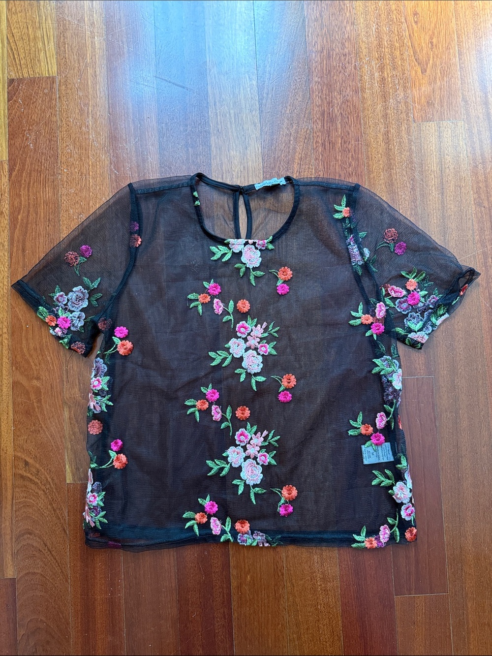 Charlotte Russe Black Sheer Mesh Blouse with Pink & Green Floral Embroidery